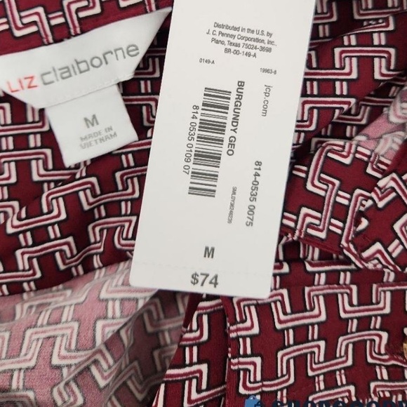 NWT Liz Claiborne Burgundy Geometric Long Sleeve Button-down Belted Dress Size M - Picture 3 of 3